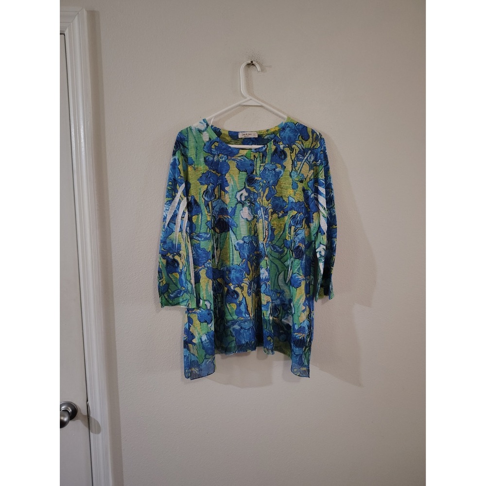 Jess & Jane Floral Iris Print Tunic Top Blue Green 3/4 Sleeve Made in USA Large